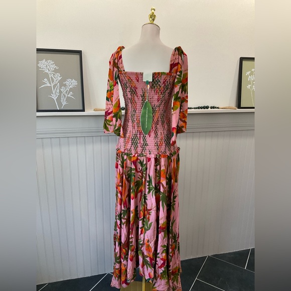 Farm Rio Mango Tree Parrot Smocked Midi Dress Pink Tropical Tie Shoulder Large - Picture 4 of 5